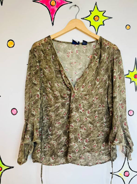 Vintage 80s 90s Boho Grunge Gauzy Fairy Grunge Boho Bell Sleeve Blouse Top | XL