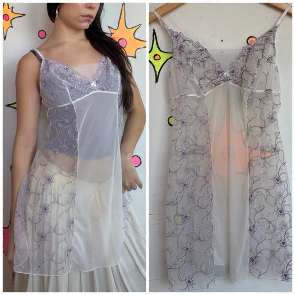 90s Y2K Fairy Grunge White Sheer Slip w/ Purple Embroidery | S/M