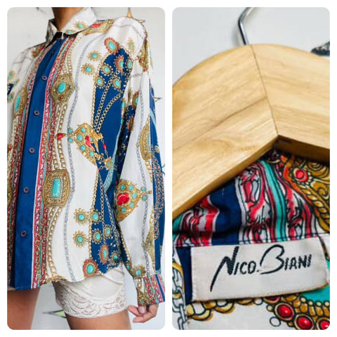 Vintage 90s Silk Scarf Print Rococo Revival Blouse - Boho Grunge Long Sleeve - M