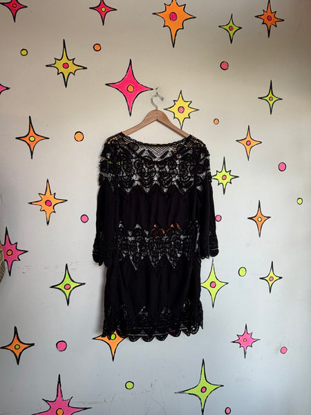 Vintage Black Crochet Mini Dress or Top Cotton Whimsy Goth Boho Grunge - M