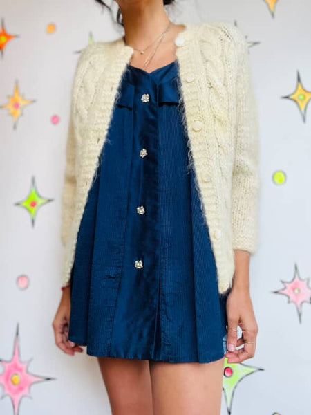 Vintage 50s Ivory Mohair Cardigan Sweater - Soft Cozy Retro Knit - Small