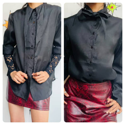 Vintage Sheer Black Victorian Revival Bow Neck Blouse - Gothic Romance - M/L