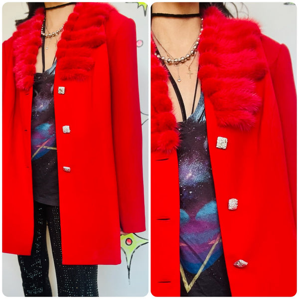 Vintage 80s Cherry Red Christmas Holiday Party Blazer – Glam Feather Trim XL+