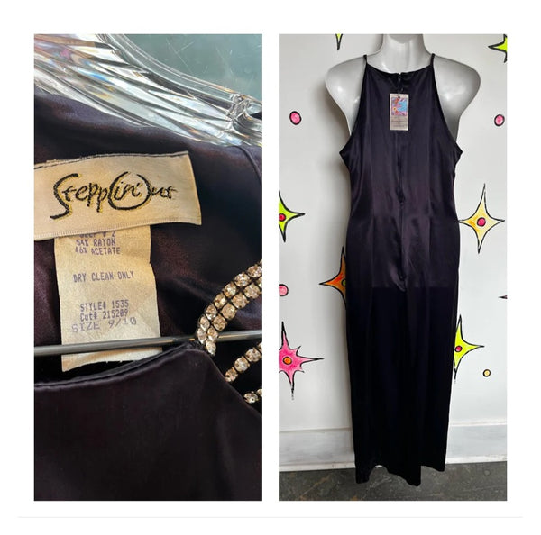 Vintage 90s | Purple Satin Full Length Slip Dress with Slit Cocktail Prom | 6/8