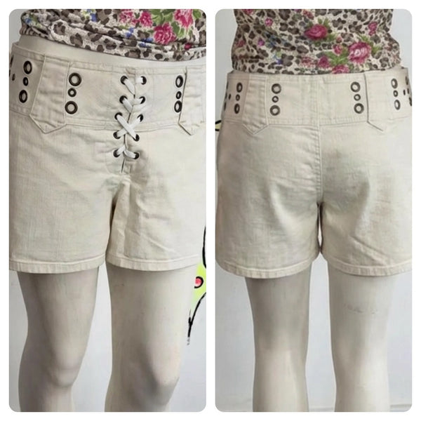 Y2K Mudd Studded White Lace-Up Shorts ' McBling Indie Sleaze - Size 11