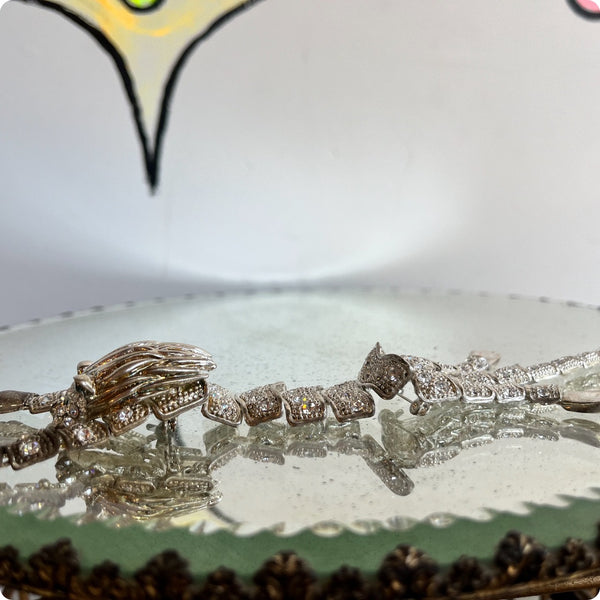 Vintage1980s | Lion Shoulder Pin Brooch | Silver Tone Rhinestones 8" x 1"