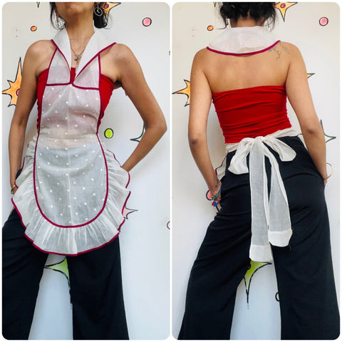 Vintage | White & Red Sheer Ruffled Apron Cottage Core Babydoll | One Size