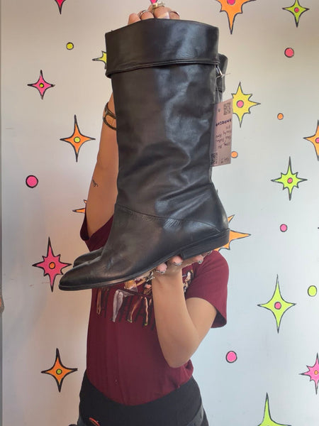 80s Black Slouch Boots Leather Riding Boots Dark Academia Romantic Goth 8
