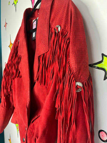 Vintage Red Suede Jacket 80s Cropped Fringe Leather Western Grunge L XL