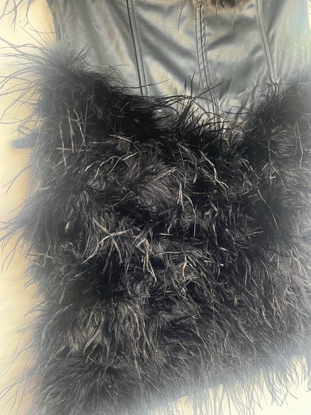 Black Feather Bustier Dress Party Mini Feather Trim Pleather Glam Night Out M/L
