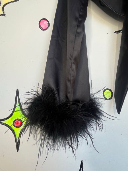 Black Wrap Crop Blouse with Feather Trim | Glam Goth Y2K Statement Top – M