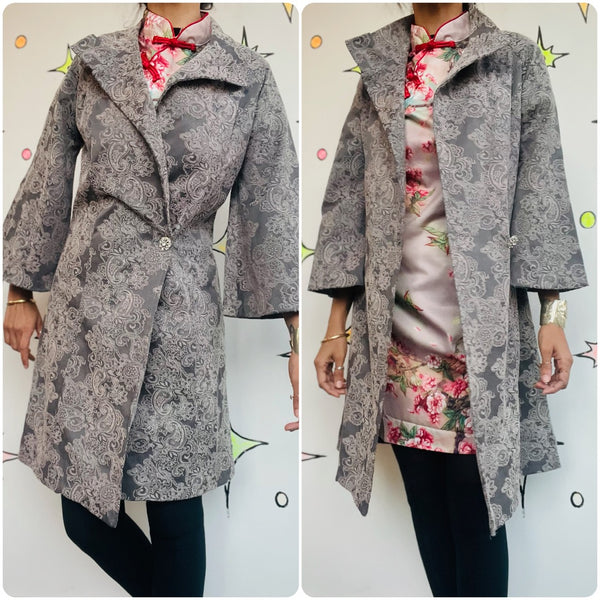 Y2K Silver Paisley Print Coat | Vamp Glam Goth Fairycore Romantic Medium - M