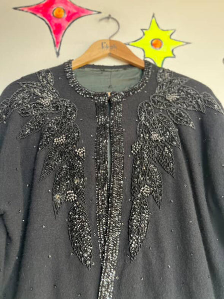 Vintage 1950s | Beaded Black Boho Grunge Whimsy Goth Wool Cardigan Sweater | S