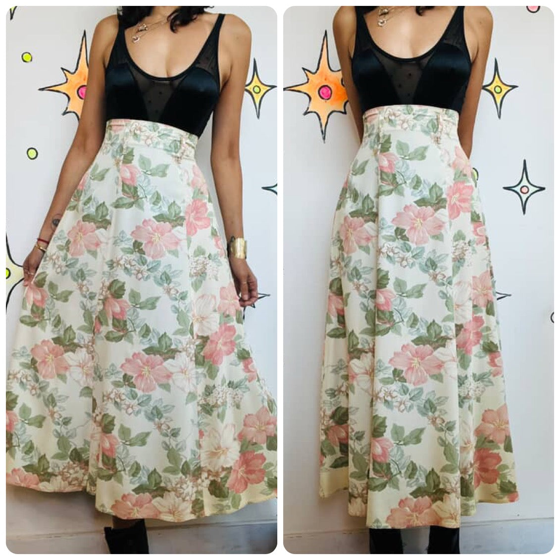 Vintage 90s Off White & Pink Pastel High Waist Fairy Grunge Maxi Skirt – Small