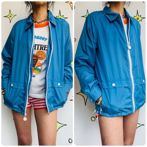 Vintage 60s 70s | MOD Blue Nylon Windbreaker Jacket | Size M