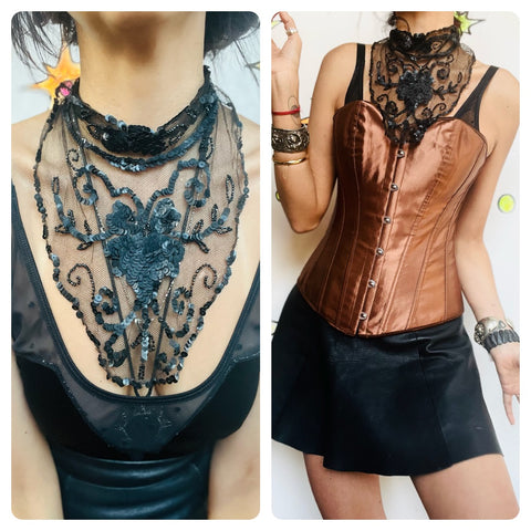 Vintage Victorian Gothic Lace Beaded Mourning Collar - Black Lace Choker