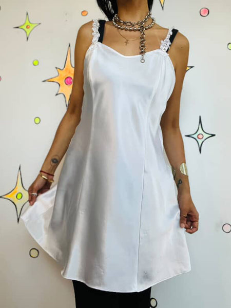 Vintage 90s Y2K White Satin Lace Fairy Grunge Beaded Mini Slip Dress | Size M