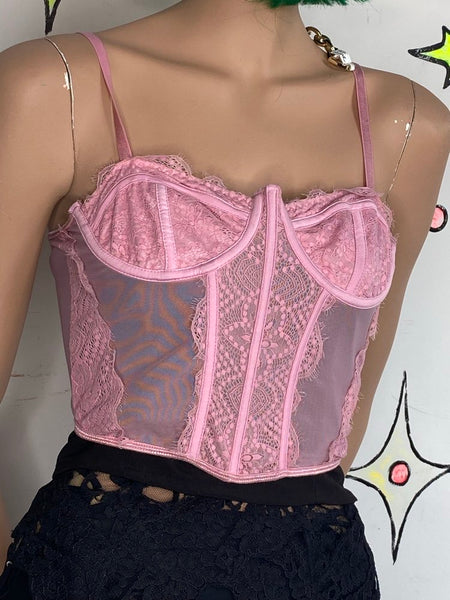 Y2K Pink Lace Corset Bustier Fairy Romantic Coquette Top Rococo Kawaii XL