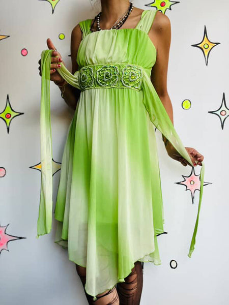 Y2K Pastel Green Fairy Boho Grunge Tinkerbell Princess Asymetric Mini Dress – S