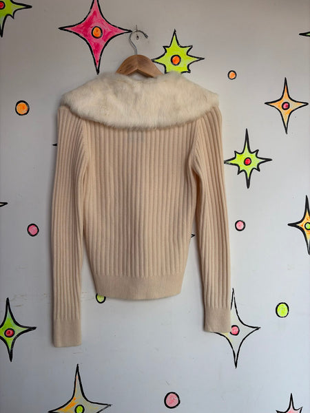 Vintage 90s Ann Taylor Off-White Cashmere Fur Trim Cardigan Coquette Glam S