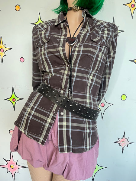 Western Pearl Snap Brown Plaid Shirt Grunge Fitted Button Up Top L