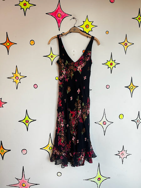 90s Y2K Black Witchy Boho Silk Fairy Grunge Slip Dress – Siren Floral Beaded 6P