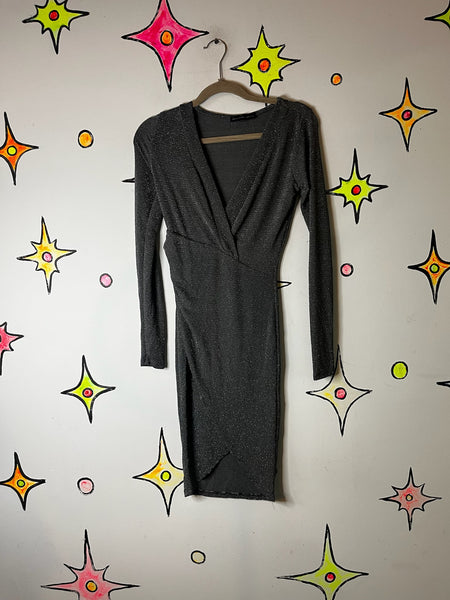 90s Fairy Grunge Silver Holiday Party Dress - Slinky Stretchy Glitter Mini - S