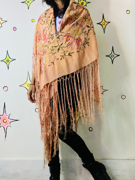 Antique Silk Piano Shawl Boho Art Decor Floral Embroidered Fringe Wrap