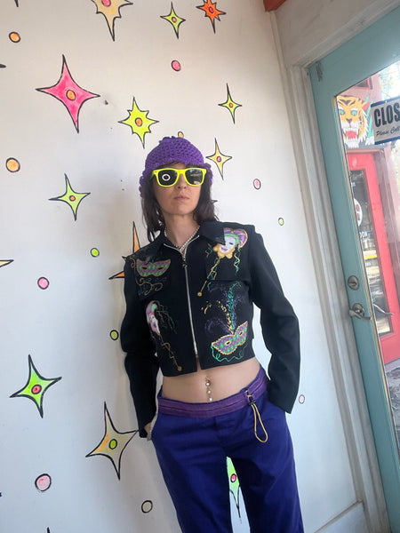 Vintage 80s90s Mardi Gras Cropped Blazer Wearable Art Avant Garde Party Jacket M