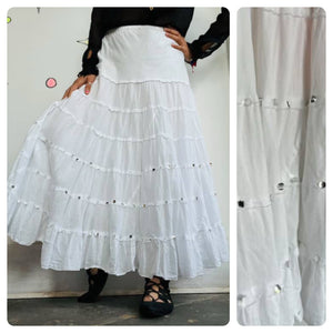90s Y2K White Boho Tiered Maxi Skirt - Beaded Mirrors - Fairy Grunge Coquette M