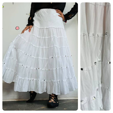 90s Y2K White Boho Tiered Maxi Skirt - Beaded Mirrors - Fairy Grunge Coquette M