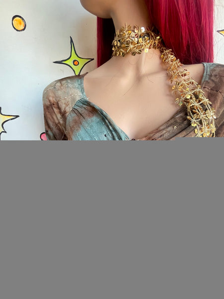 Y2K Blue & Brown Tie-Dye Crochet Embellished Top Fairy Grunge Boho Mori Kei L
