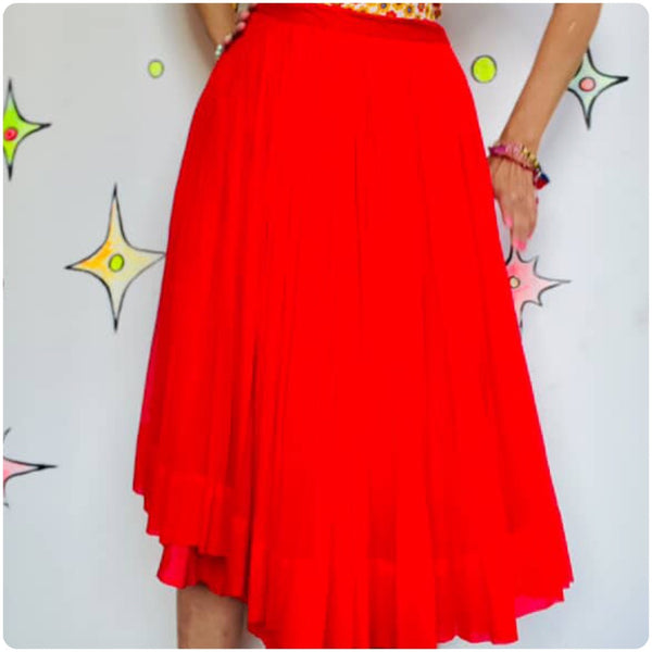Vintage 50s 60s Bright Red Pleated Full Twirl Skirt Tulle Sheer Chiffon Layers S