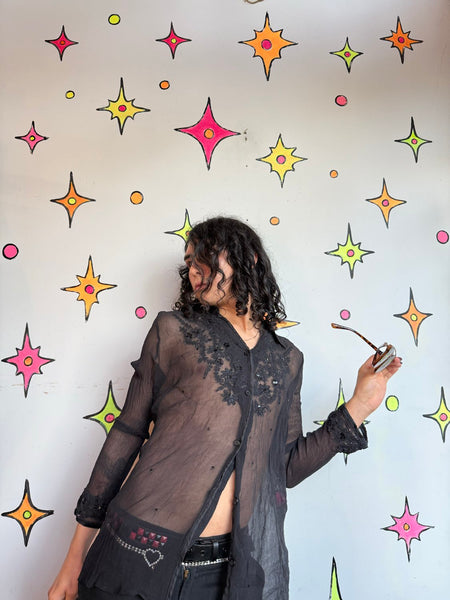Black Sheer Silk Beaded Blouse Embroidered Evening Top Luxe Glam Whimsigoth XL
