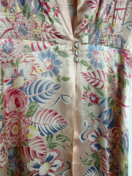 Antique Early 1900s Pink Silk Floral Robe - Rococo Victorian Loungewear - Small