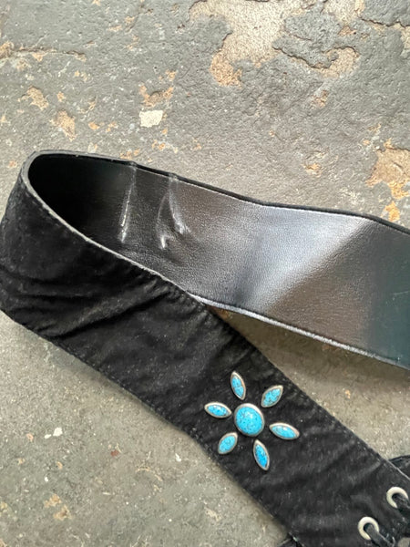 Black Fringe Western Goth Faux-Turquoise Vegan Suede Wrap Belt S/M