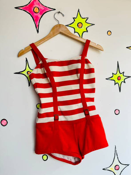 Vintage 50s Red & White Striped Swimsuit Gidget Sailor Nautical Playsuit - S