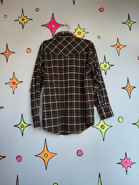 Vintage Western Pearl Snap Shirt Brown Plaid Rodeo Shirt Ely Cattleman Cowboy XL