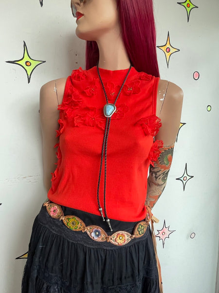 Vintage Anthropologie Red Embellished Floral Top Boho Fairy Whimsy Grunge S