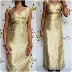 Stunning Old Hollywood 60s Gold Metallic Maxi Dress – XS – True Vintage