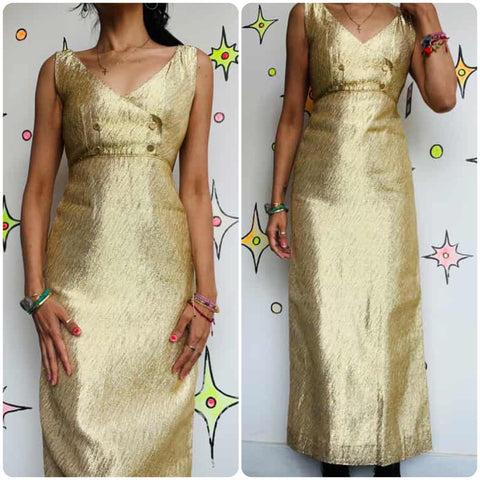 Stunning Old Hollywood 60s Gold Metallic Maxi Dress – XS – True Vintage