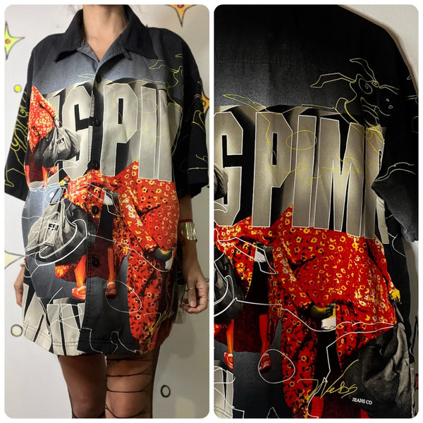 Vintage Urban Collage Print Button Up Street Style Graffiti Art Party Shirt XL