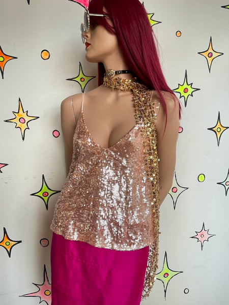 Vintage 90s Free People Sparkly Iridescent Fully Beaded Sequin Fairy Cami Top M