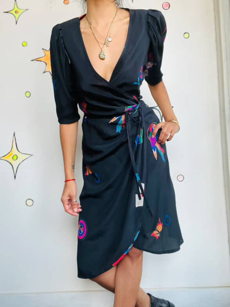 Vintage 1980s Emanuel Ungaro Silk Wrap Dress - Abstract Artwear - LBD - XS/S