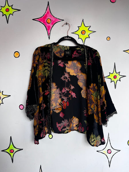 Black Velvet Kimono Floral Burnout Shimmer | Sheer Witchy Whimsy Goth Fairy | L