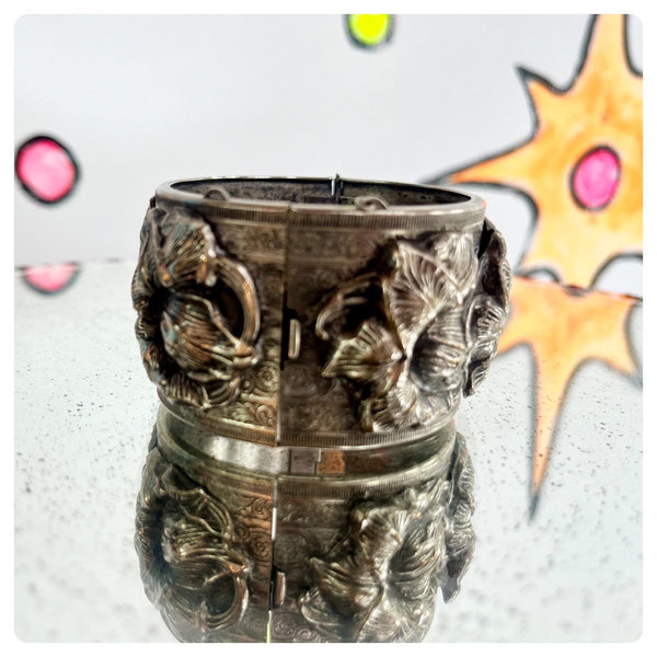 19th Century Victorian Rococo Hinged Silver Tone Cuff Bracelet