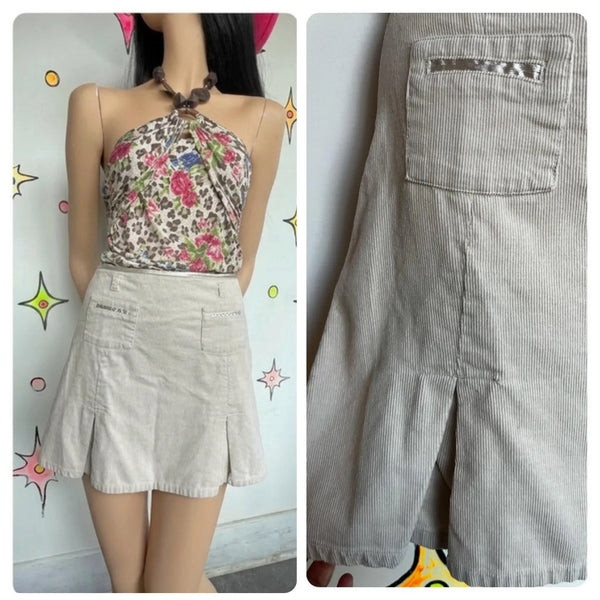 Y2K | Off White Corduroy Pleated Fairy Grunge Coquette Mini Skirt | Size S