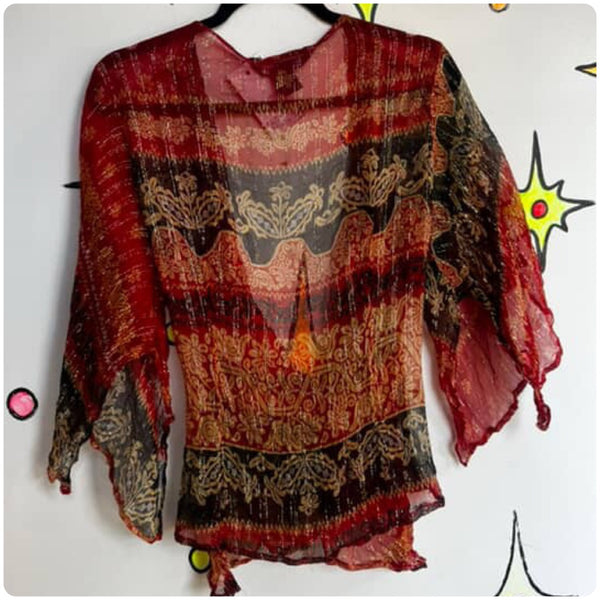 Vintage 90s Y2K Red Sheer Boho Goth Wrap Top - Pirate Gypsy Fairy Grunge - XL