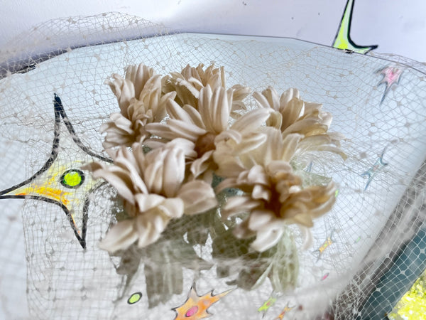 Vintage Creamy Off White Veil | 1940s–50s Mesh Floral Headpiece with Flowers