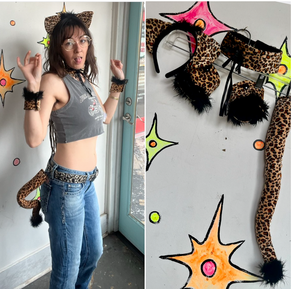 Plush Leopard Cat Costume Set Headband Collar Tail Cuffs Cosplay